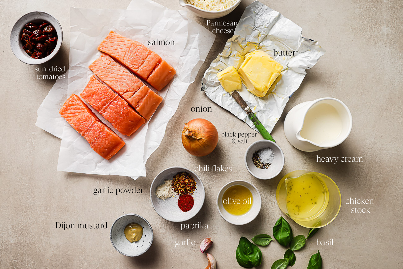 ingredients on the countertop to make Marry Me Salmon.