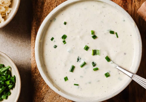 overhead view of horseradish sauce in a white bowl