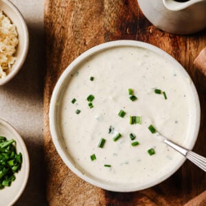 overhead view of horseradish sauce in a white bowl.
