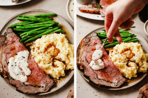 Prime rib plated with mashed potatoes, green beans, and creamy horseradish sauce — a perfect holiday dinner.