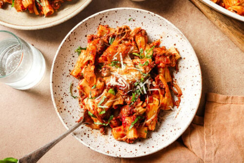 baked rigatoni with ground beef in a plate