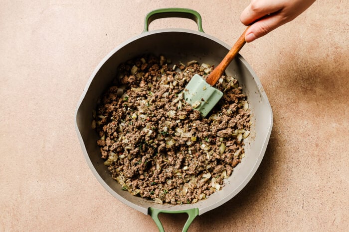 cooked ground beef in a skillet.