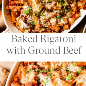 Close-up of Baked Rigatoni with Ground Beef, featuring marinara sauce, melted cheese, and fresh herbs in a white oval baking dish. Text overlay: “Baked Rigatoni with Ground Beef.”.