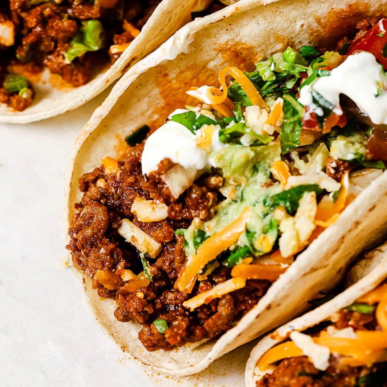 closeup of ground beef tacos